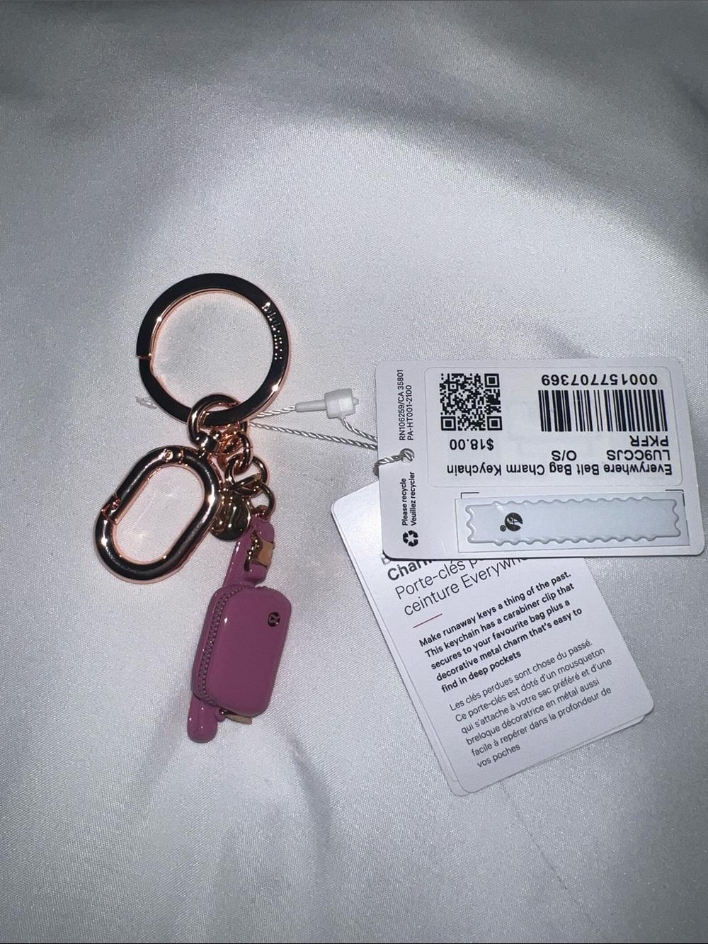 Lululemon- Pink Frosting Belt Bag Charm Keyring with Rose Gold wHardware